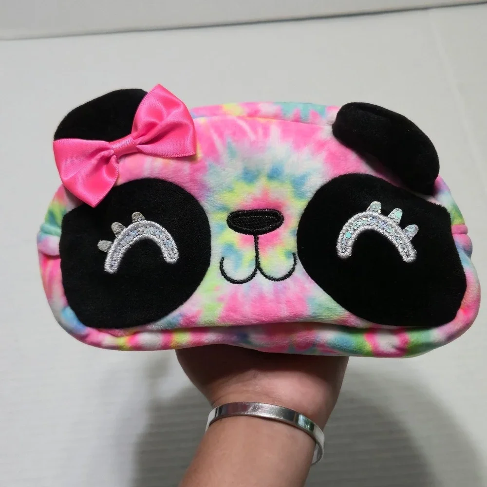 Cute Plush Tie Dye Panda Pencil Case Cosmetic Makeup Pouch Bag Glitter Pink Bow